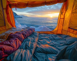 Outdoor Adventure Awakening: Sunrise Tent Camping Experience Generative AI