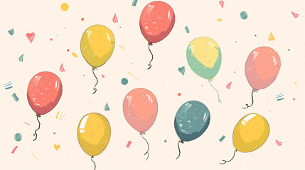 Fototapeta na wymiar Blue, green and pink painted balloons on a beige background. Heart shaped confetti between balloons. Greeting card.