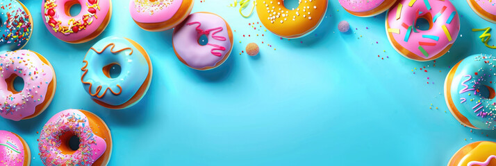 horizontal banner, National Donut Day, a frame of many colorful donuts covered with icing and confetti, blue background, copy space, free space for text in the center