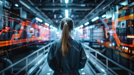 Female in coveralls with her back turned Standing at Electronics Factory. Augmented Reality Visualization of a Conveyor Belt Production Line with Robot Arms