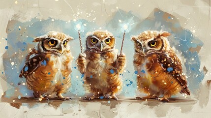 Three owls holding magic wands with sparkles - obrazy, fototapety, plakaty