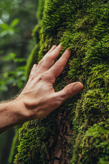 Hand gently caressing moss growing on a massive tree trunk, embodying a deep connection with nature and a commitment to environmental stewardship, aligning with ESG principles