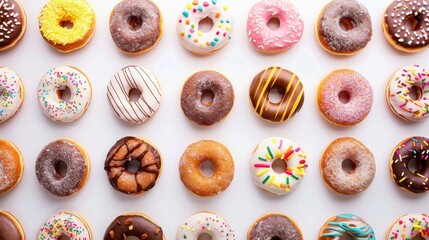 horizontal banner, National Donut Day, a row of multi-colored donuts covered with icing and confetti, light white background