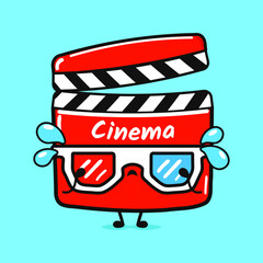 Crying Movie clapper character. Vector hand drawn cartoon kawaii character illustration icon. Isolated on blue background. Sad Movie clapper character concept