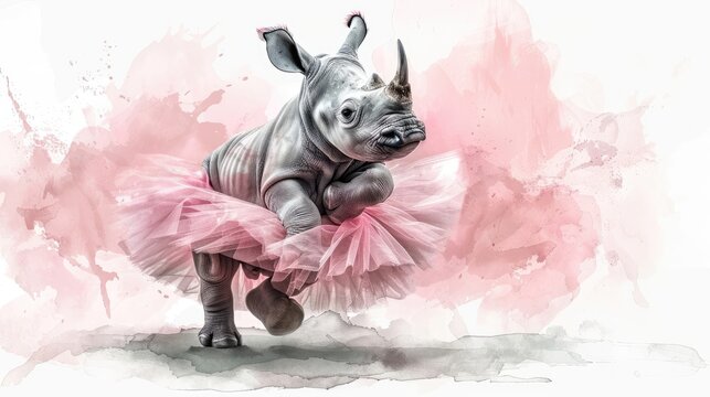 A baby rhinoceros wearing a pink tutu is dancing ballet. The background is white with pink watercolor splashes.