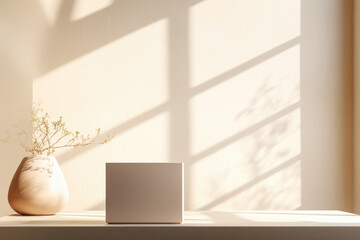 Minimalist Modern Home Interior with Vase and Blank Canvas on Window Ledge in Morning Light - obrazy, fototapety, plakaty