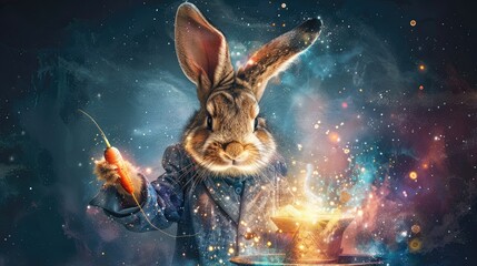 A rabbit wearing a blue robe conjures a carrot out of thin air with magic.