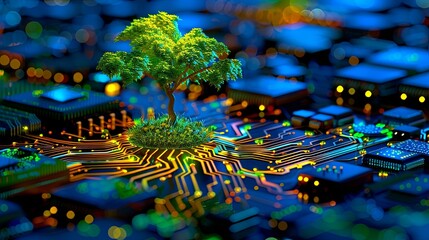 A single, verdant tree standing on a lush mound centered on a vibrant circuit board
