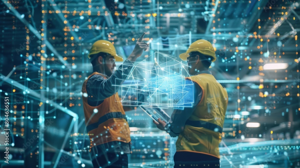 Poster Engineer and Architect analyzing of under construction project with technology and new innovative on digital tablet and icon network of construction on virtual interface