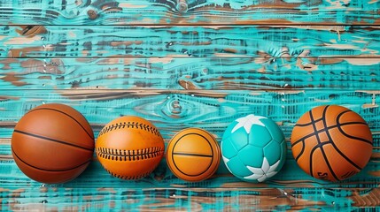 Many different sports balls on a wooden table against a blue background, with space for text
