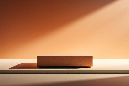 Wooden product podium against terracotta orange wall. Bright pedestal, platform in color block style, copyspace backdrop, vibrancy