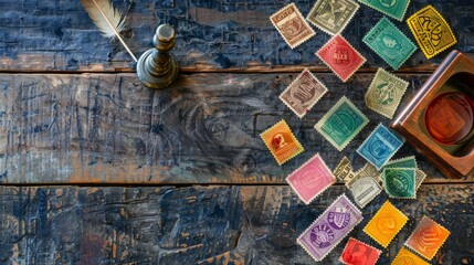Vintage Stamps Collection on Distressed Wooden Table.