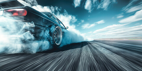 Sports car drifts on a race track. Racing drift car with a lot of smoke. Copy space