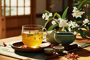 cup of tea with flowers, A Serene Tea Ceremony Infused with Osmanthus