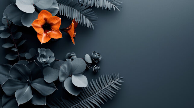 A seasonal greeting card design, merging vibrant orange amaryllis and eucalyptus leaves