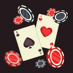 Flat vector illustration with cards and chips. Casino cards. Card suits Spades.