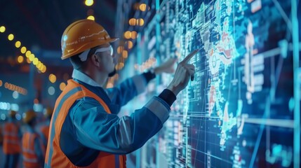 Engineers pointing virtual interface panel of global logistics network distribution and transportation, Smart logistics, Import export and industry, Technology and innovation future of transport.