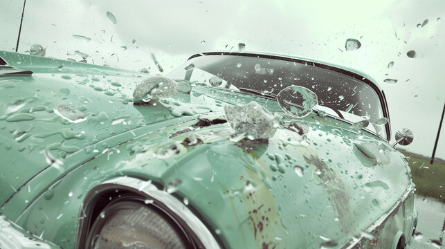 Dramatic scene of a sudden hailstorm in May. Large, round hailstones pummel a trendy modern car, denting the bonnet and cracking the windshield.