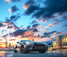 Fototapeta premium Black car with a sporty and modern design parked on the road against the backdrop of city skyscrapers at sunset. Business success concept.