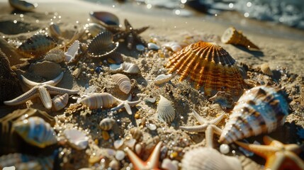 Seashells and starfish on the sandy beach. Selective focus