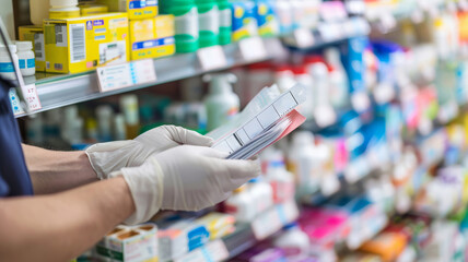 Pharmacist in sanitary gloves at a pharmacy filling perscriptions