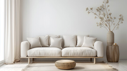 A serene Scandinavian-style living room featuring a plush sofa and a chic vase, exuding a sense of calm and tranquility in a minimalist setting.