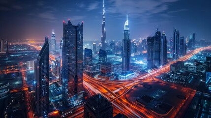 Fantastic rooftop view of a big modern city architecture at night with roads. Business bay, Dubai,...