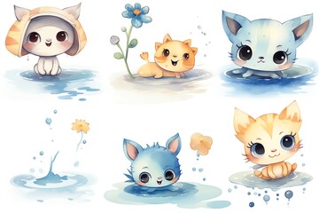 Fototapeta premium A collection of cute cartoon cats playing in the rain