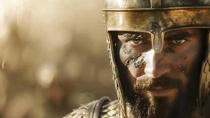 An Akkadian soldier, victorious despite battle scars on his dented helmet and armor. Concept History, Akkadian Empire, Victory, Soldier, Battle Scars - obrazy, fototapety, plakaty