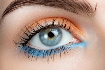 Close-up of blue eye with striking and colorful makeup for a stunning and glamorous appearance