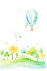 Watercolor illustration of a whimsical landscape with hot air balloons. The balloons are in pastel colors and the landscape is in muted greens. The image has a soft, dreamy feel.