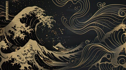 Hand drawn wave element with Oriental gold line decoration with black banner design, flyer or presentation in vintage style.