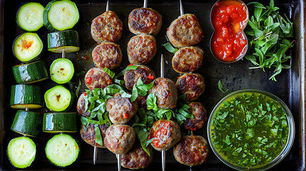Grilled meatballs with zucchini and arugula on wooden skewers