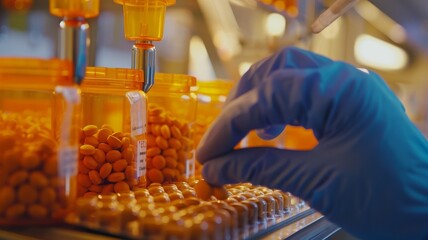 Obraz premium Pharmacist in sanitary gloves filling orange bottles with pills.
