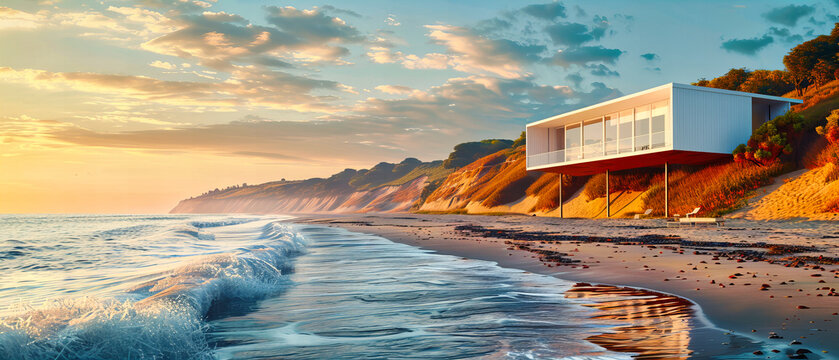 Sunset at a Coastal Beach with Lifeguard Station, Scenic View of the Ocean, Malibu, California
