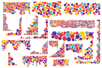 Colorful dots spray corner particles set. Vector illustration.