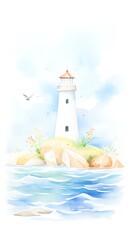 Obraz premium A beautiful watercolor painting of a lighthouse on a rocky coast