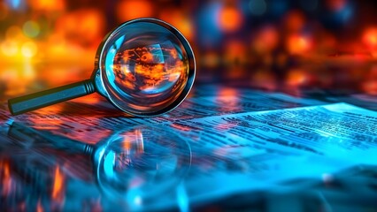 Abstract image of magnifying glass on document symbolizing IT security scrutiny. Concept IT Security, Magnifying Glass, Document Analysis, Abstract Image, Cybersecurity