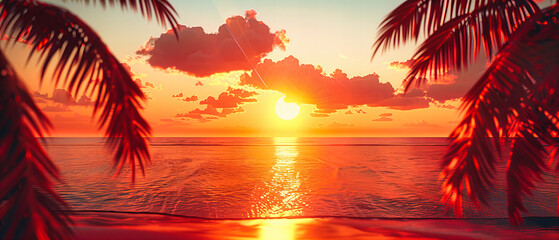 Sunset at the Beach, Silhouetted Palms and Golden Sky, Tranquil Evening by the Sea, Caribbean Atmosphere