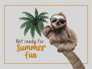 Fototapeta premium Sloth Hanging from a Tree Branch Wearing Sunglasses with Not Ready for Summer Fun Text