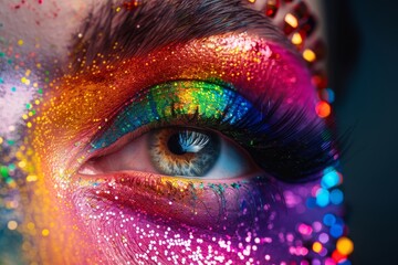 Close-up of an eye with colorful makeup, decorated with glitter