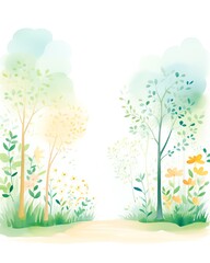 Create a watercolor painting of a lush green forest with a path leading through it