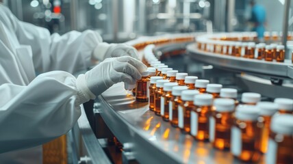 Pharmacist scientist with sanitary gloves examining medical vials on production line conveyor belt in pharmaceutical healthcare factory manufacturing prescription drugs