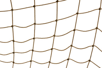 Torn Football or tennis net. Rope mesh on a white background close-up