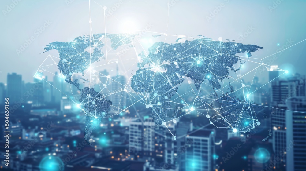 Poster global world telecommunication network. wireless communication on modern cityscape background.