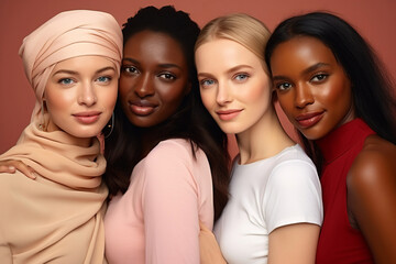 Obraz premium advertising photography in studio of beautiful young women of different races and nationalities, elegant girls, friends, international women's day, March 8, equality, diversity, feminism, female face,