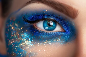 Close-up eye with blue makeup and glitter decoration for beauty and fashion stock
