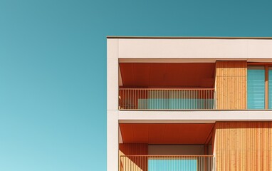 modern apartment building against a clear blue sky, with a warm color palette and minimalistic architecture Generative AI