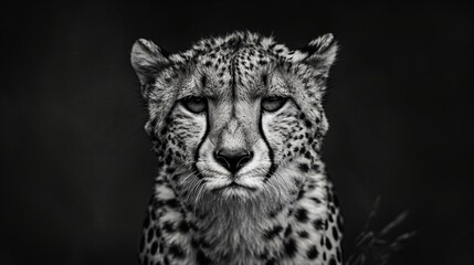 the intense and detailed view of the cheetah’s face in a striking black and white portrait. Generative AI