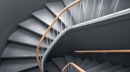 Storm gray stairs with a sleek wooden handrail, full view from a unique upward angle.